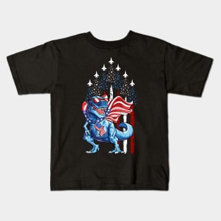 Fighter Jet American Flag 4th Of July Dinosaur Amerisaurus T Rex Patriotic Kids T-Shirt